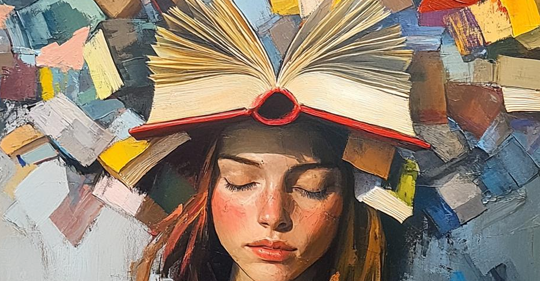 A painting of a young female with red hair with book for the top of her head exploding books of knowledge 